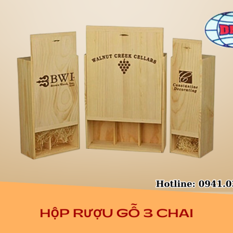 HỘP RƯỢU GỖ THÔNG 3 CHAI